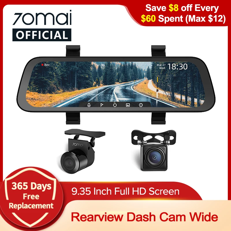 9.35 Inch Full Screen 70mai Rearview Dash Cam Wide 1080P Auto Cam 130FOV 70mai D07 Mirror Car Recorder Stream Media Car DVR