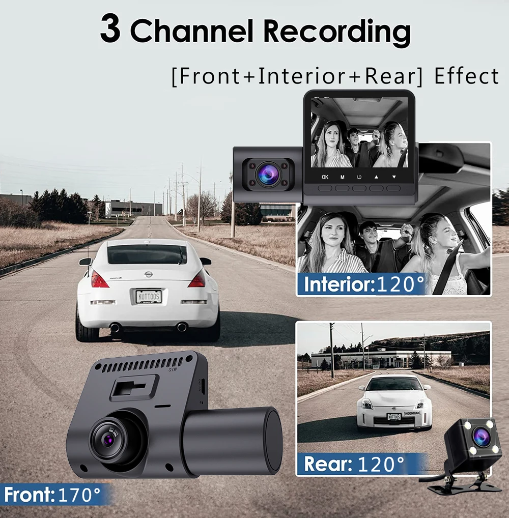 3 Channel Car DVR HD 1080P 3-Len Inside Vehicle Dash Cam Three Way Camera DVRs Recorder Video Registrator Mini Dashcam Camcorder - Image 3